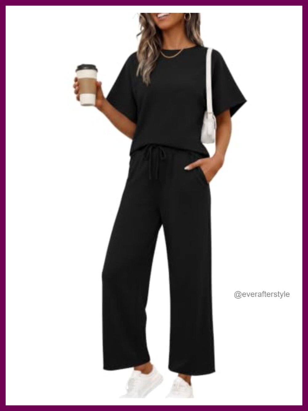 Two Piece Set Crewneck 3/4 Sleeve Top Wide Leg Pants Drawstring